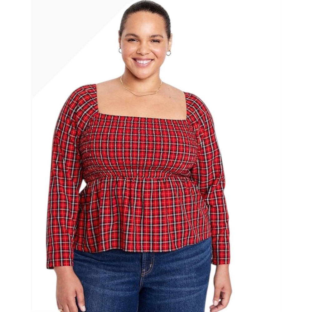 Old Navy Smocked Peplum Top Women 4X Red Tartan Plaid Square Neck Holiday Preppy